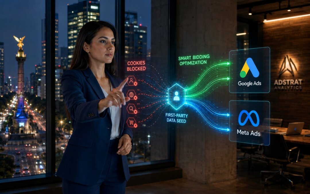 Especialista en marketing digital analizando una interfaz holográfica de inteligencia artificial y optimización de Smart Bidding para Google Ads y Meta Ads en la Ciudad de México